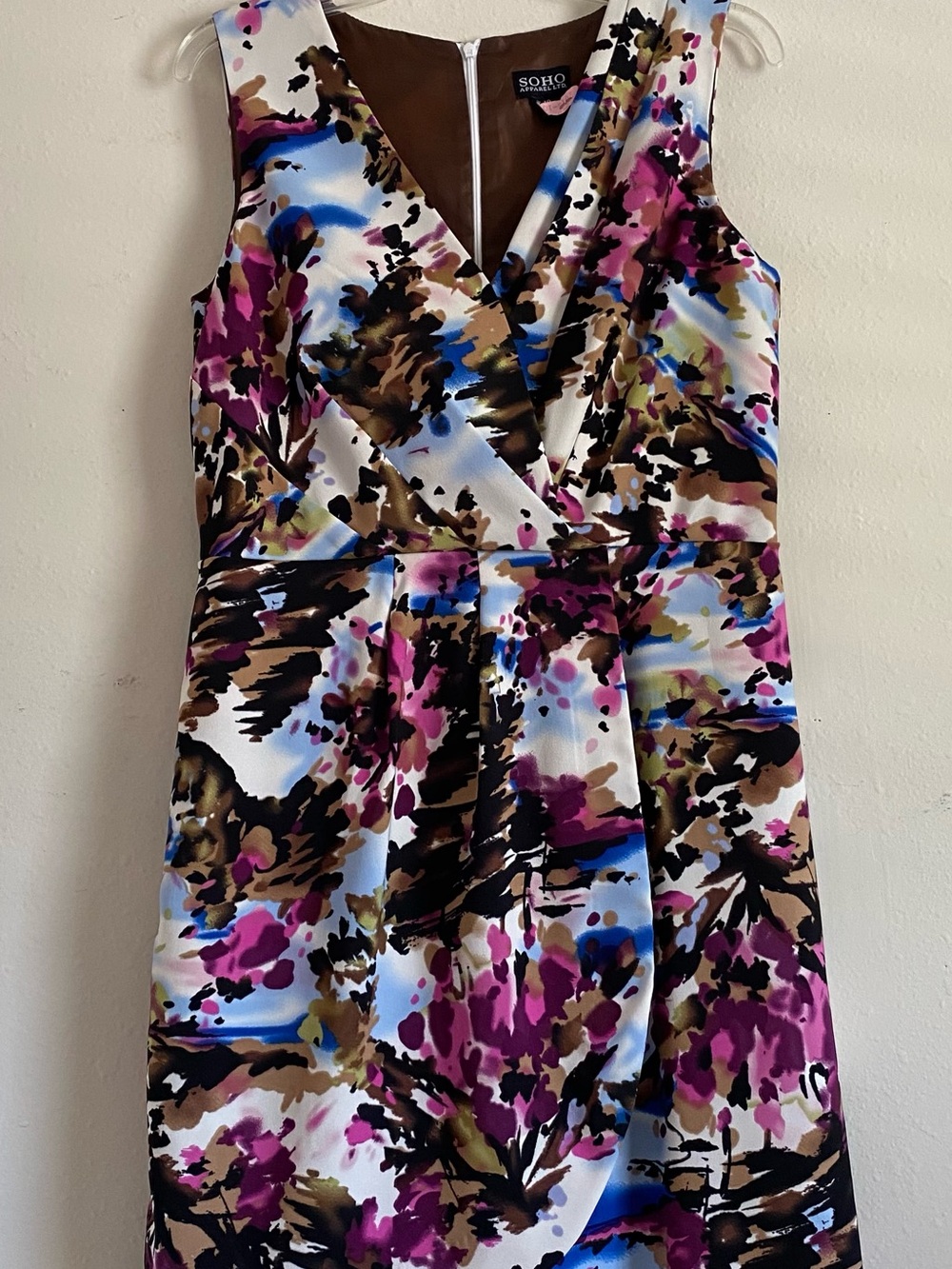 Soho Apparel Multicolor Floral V-Neck Sleeveless Dress - Pink, Blue & Brown